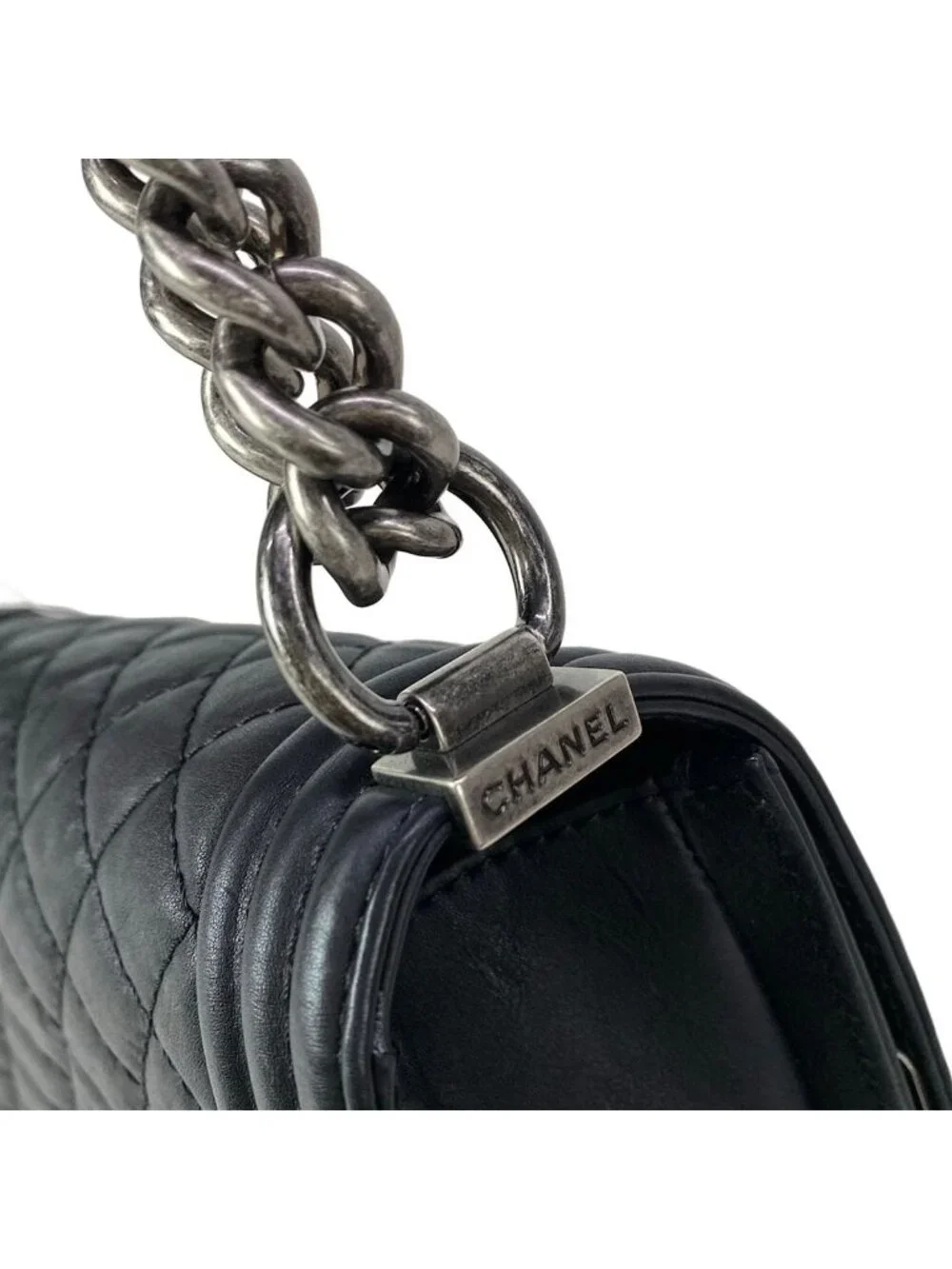 Chanel Shoulder Bag Boy Black Chain Vintage Silver Leather